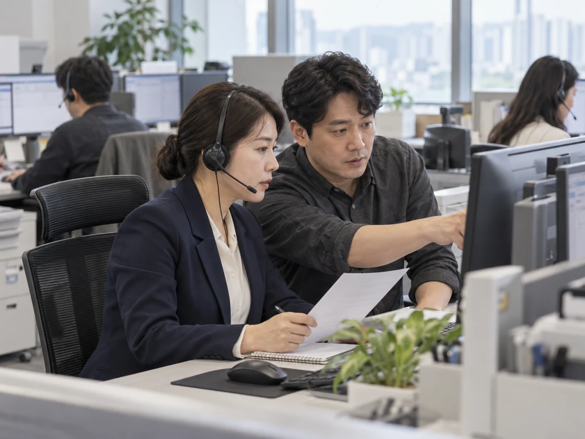 한국인 CS팀이 문의 기록과 모니터를 함께 확인하는 예시 이미지
